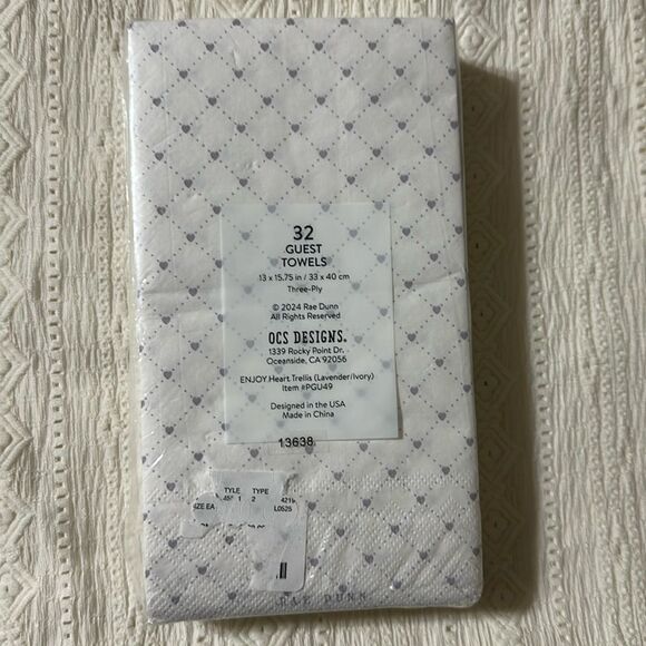 RAE DUNN 32 x 1pk ENJOY Guest Paper Towel Napkins Heart Trellis Lavender Ivory - Picture 4 of 7